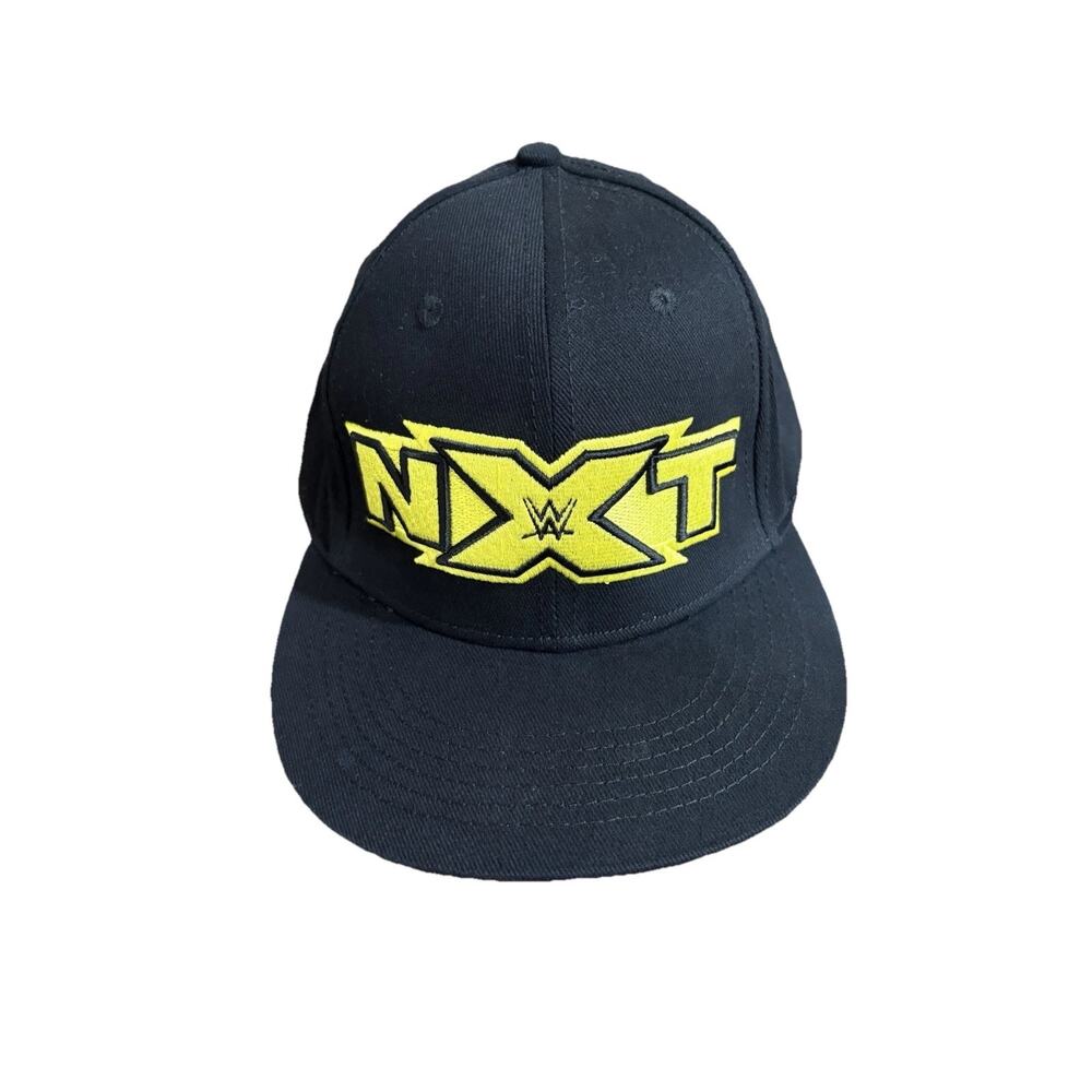 WWE NXT Yellow Logo Black Snapback Hat Wrestling Flat Brim Baseball Cap Mens EUC